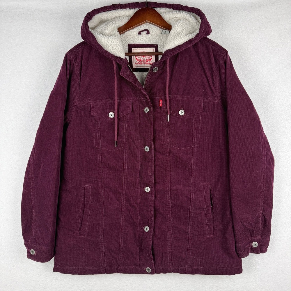 Levi Strauss Corduroy Jacket Womens Large Burgundy Sherpa Lined Hooded LW0CC028